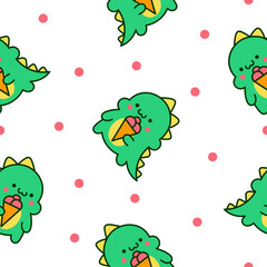 Cute kawaii baby dragon. Seamless pattern. Funny little dinosaur cartoon character. Hand drawn style. Vector drawing. Design ornaments.