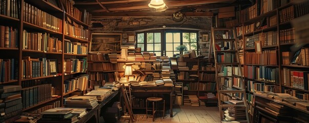 Obraz premium Cozy vintage library with wooden shelves filled with books, a desk, and a window with natural light creating a warm and inviting atmosphere.
