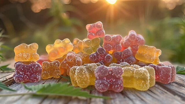 Medical hemp CBD-infused rainbow gummy candy on a wooden table in a natural hemp garden