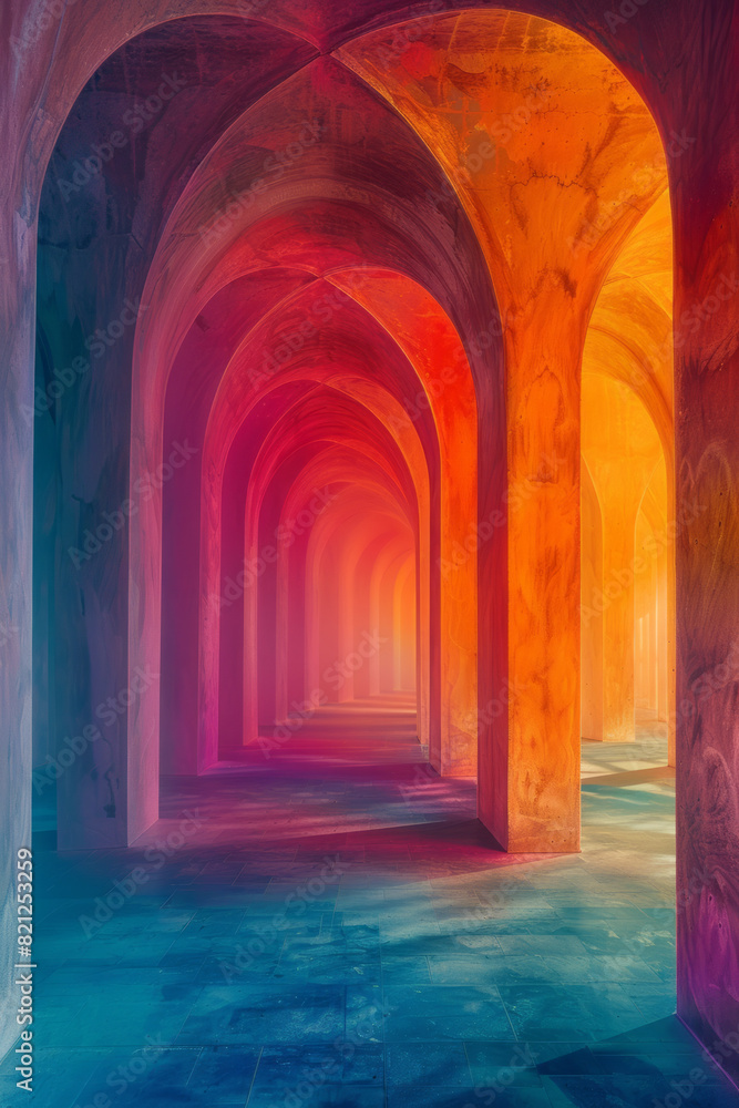 Fototapete artistic rendering of overlapping arches in gradient colors, forming a rainbow-like effect with vary