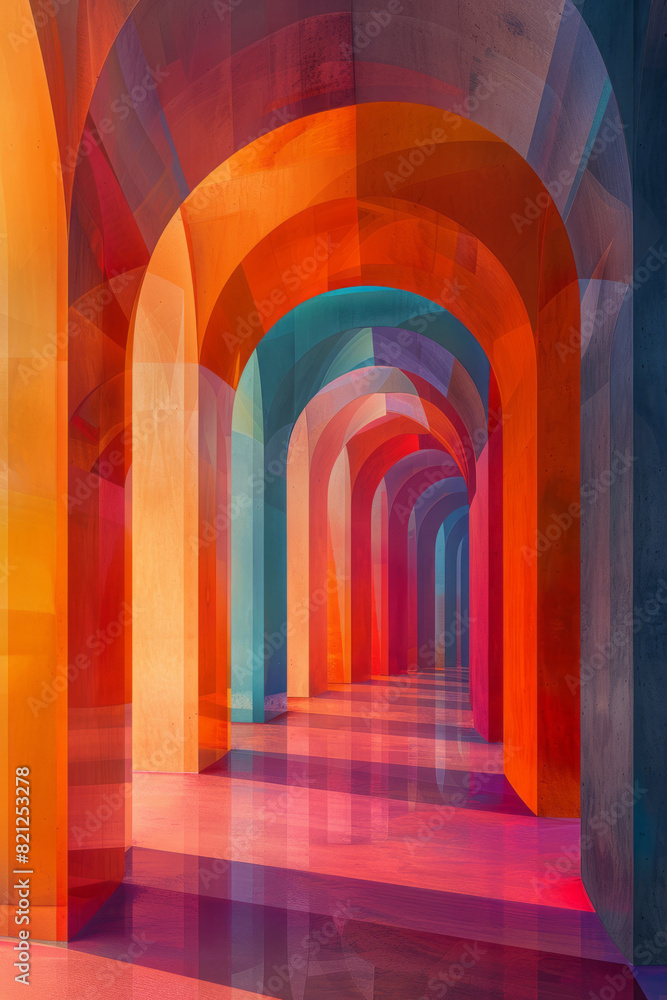 Poster artistic rendering of overlapping arches in gradient colors, forming a rainbow-like effect with vary
