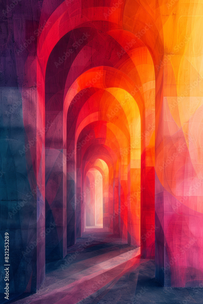 Fototapete artistic rendering of overlapping arches in gradient colors, forming a rainbow-like effect with vary