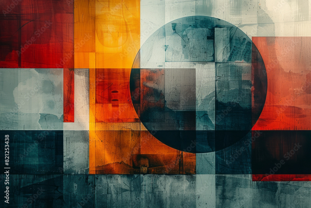 Fototapete abstract illustration featuring layered squares and circles, their transparencies blending to create