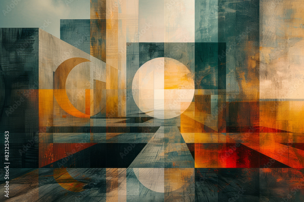 Aufkleber Abstract illustration featuring layered squares and circles, their transparencies blending to create intricate intersections,