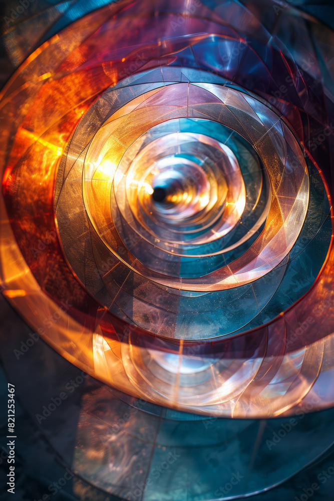 Poster illustration using transparent parallelograms arranged in a spiral, creating a hypnotic, swirling ef
