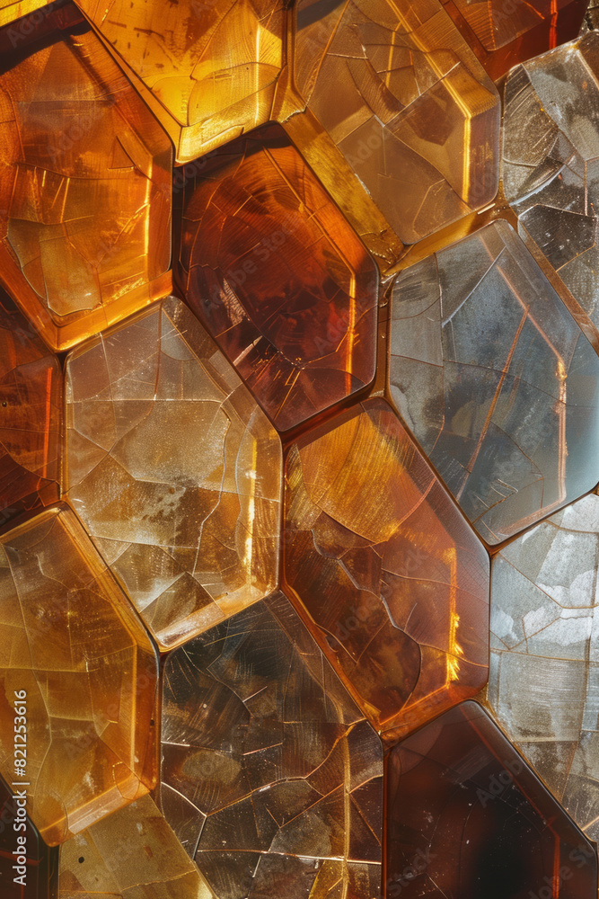 Poster composition of intersecting hexagons with varying opacities, forming a layered, beehive-like pattern
