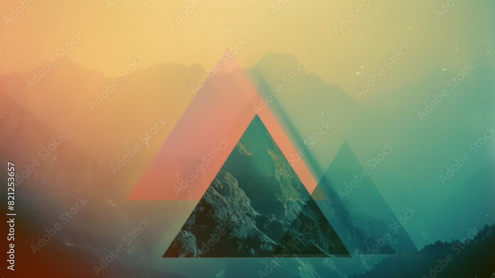 Poster minimalist design with layered triangles in gradient hues, forming a mountain-like, transparent land