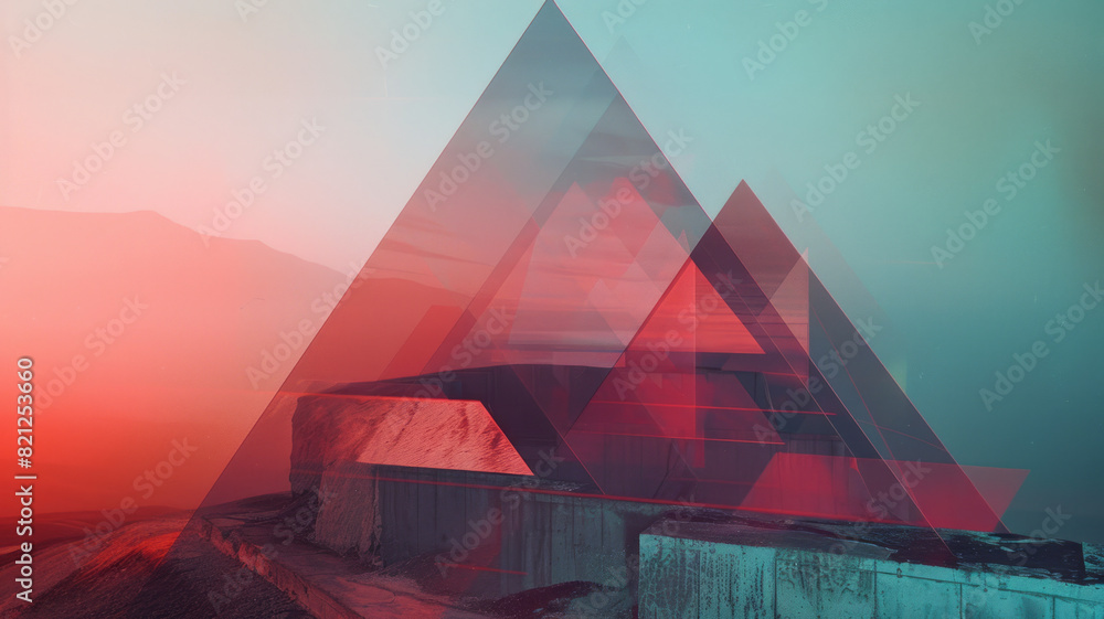 Poster Minimalist design with layered triangles in gradient hues, forming a mountain-like, transparent landscape,