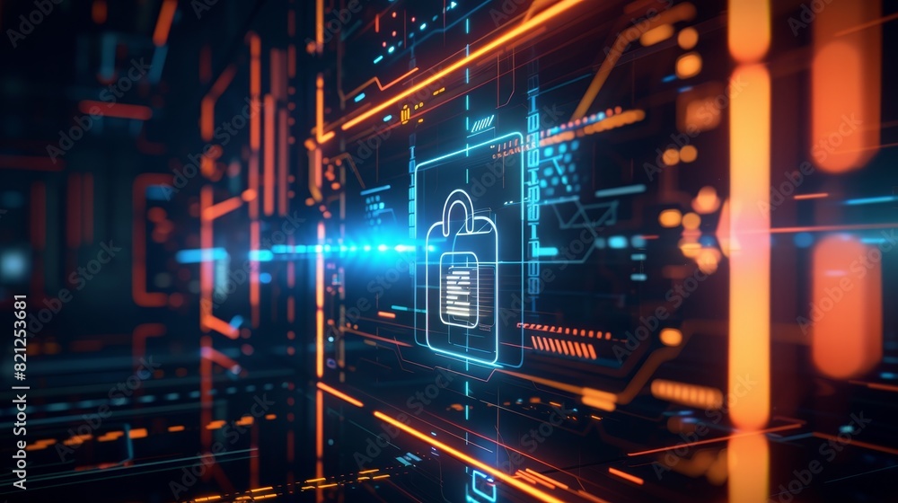 Poster futuristic digital cybersecurity abstract background with glowing lock and technology elements. data