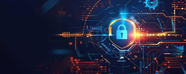 Futuristic cybersecurity concept with digital lock interface, showing security technology and protection protocols on a high-tech background.