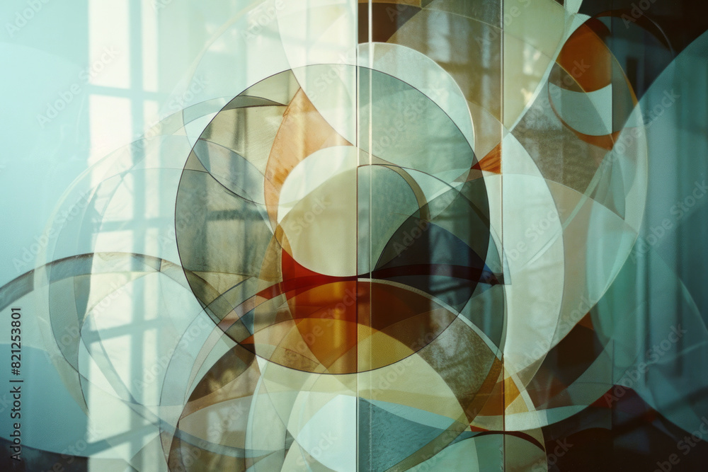 Poster illustration using transparent circles and squares, their intersections forming complex, geometric p
