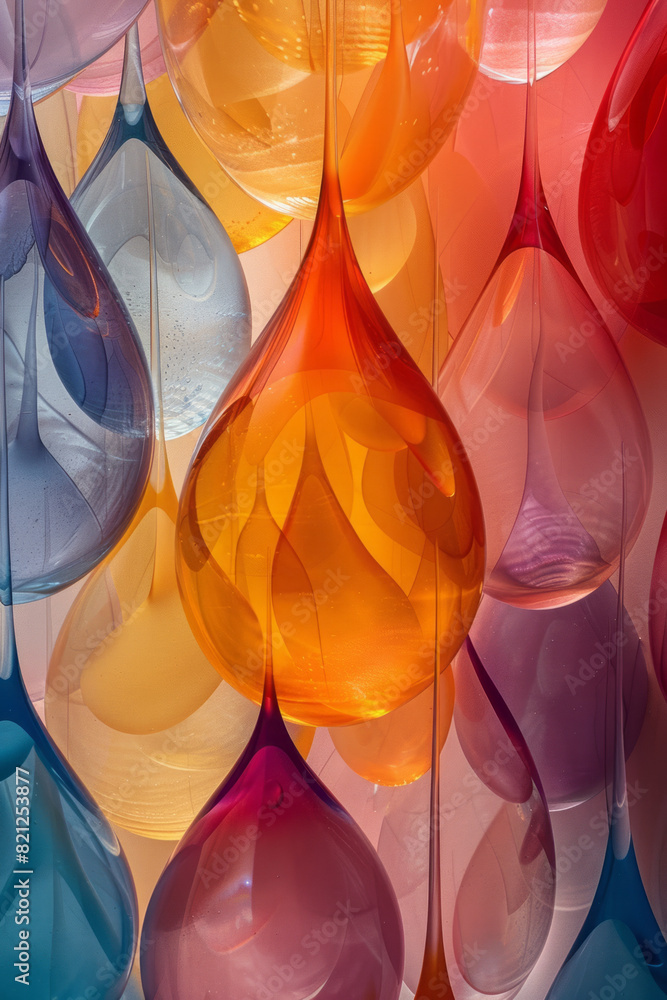 Poster Composition of overlapping teardrop shapes in vibrant colors, their varying opacities creating a fluid, water-like effect,