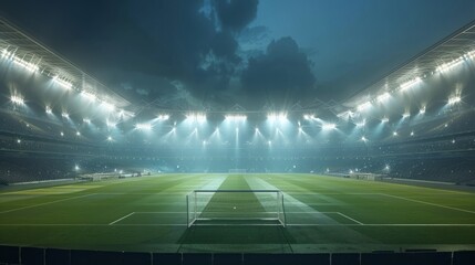 Panoramic view of big soccer stadium with fan stands illuminated by floodlights and spotlights....