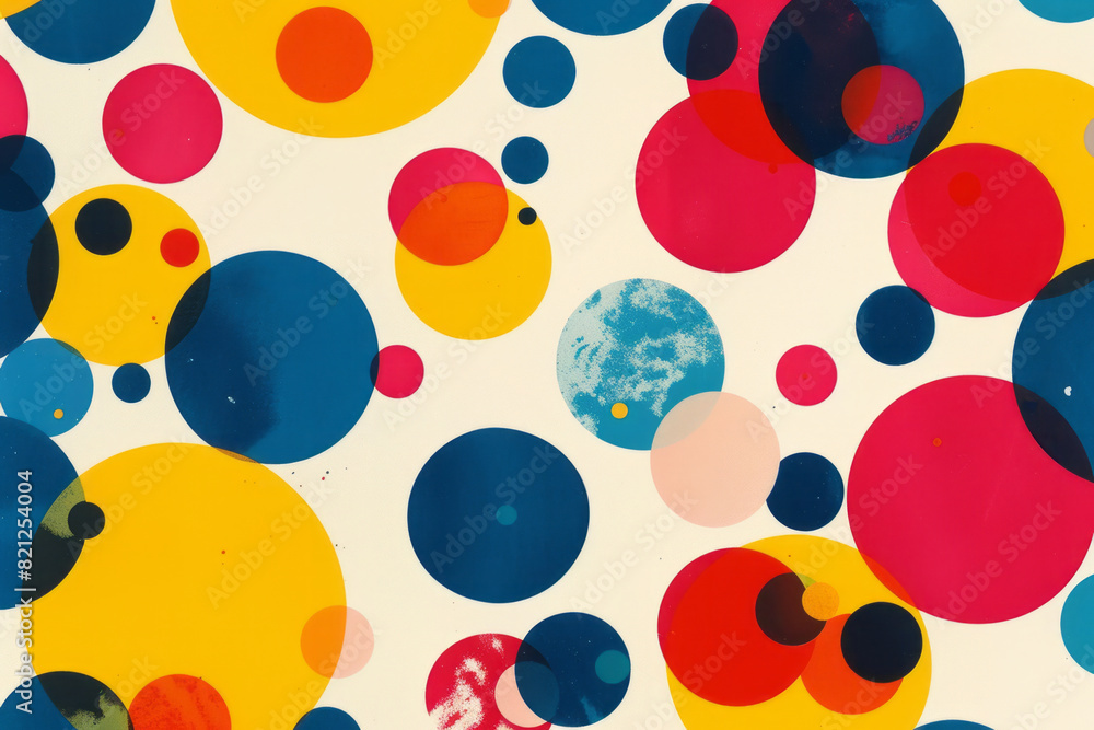 Aufkleber illustration featuring large and small circles in vibrant primary colors, scattered randomly on a wh