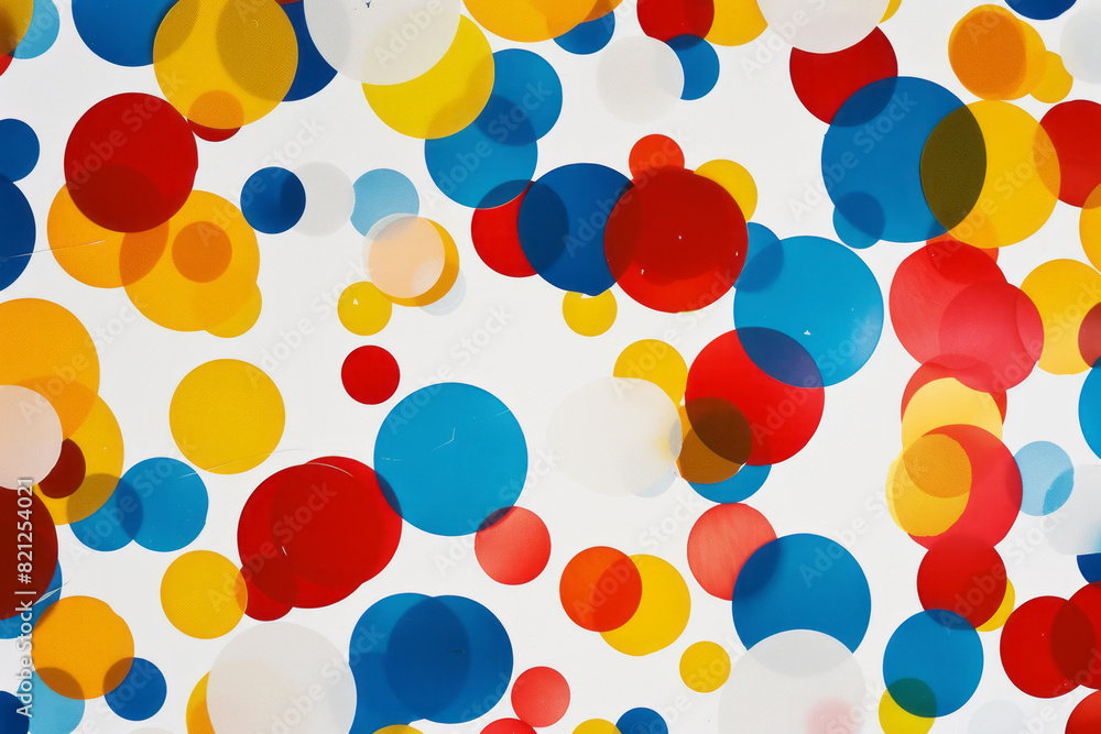 Poster illustration featuring large and small circles in vibrant primary colors, scattered randomly on a wh