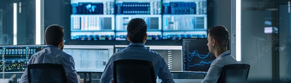 Poster group of professionals analyzing multiple data streams on large monitors in a modern control room or