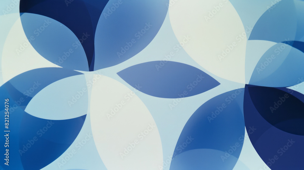 Poster Abstract design with overlapping circles in shades of blue, creating a calming pattern on a pale blue background,