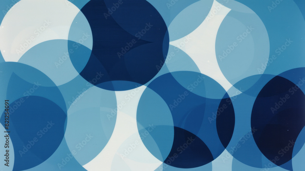 Poster Abstract design with overlapping circles in shades of blue, creating a calming pattern on a pale blue background,