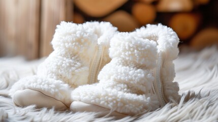 Cute white baby booties with fluffy trim, keeping tiny feet warm and cozy.