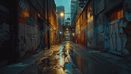 Fototapeta premium Nighttime Urban Alley with Graffiti Art