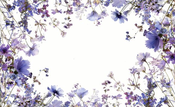 White background with purple and blue wildflowers bordering a frame, white space in the center Generative AI