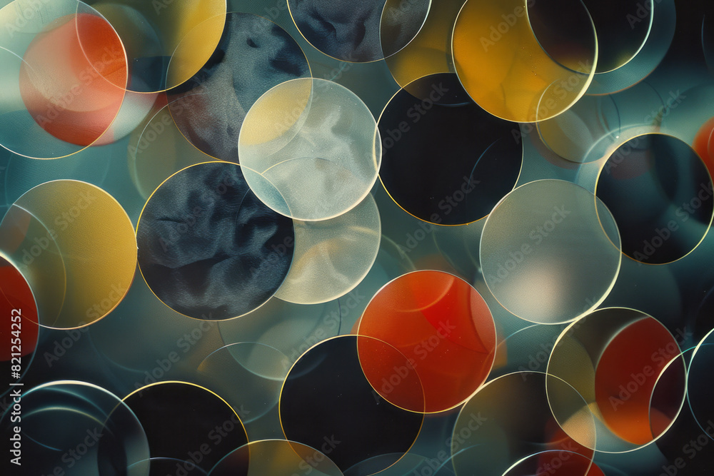 Poster Artistic rendering of circles in metallic colors, placed randomly on a dark grey background to create a sleek, modern look,