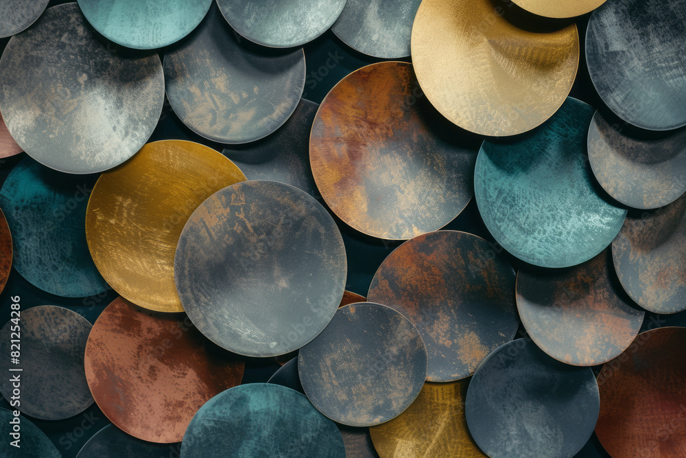Poster Artistic rendering of circles in metallic colors, placed randomly on a dark grey background to create a sleek, modern look,