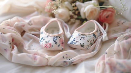 Floral baby ballet flats in soft hues, providing a dainty touch to any baby girl's outfit.