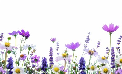 White background with purple and blue wildflowers at the bottom of the frame, creating an empty space for text or design Generative AI