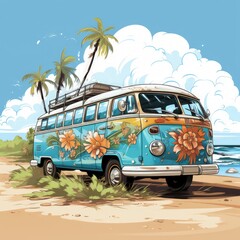 cartoon travel, complete image, beach, water, clouds, sun, palm, birds, coconut, colorful beach bus, baggage, cute boho minimalistic illustrations, illustration, very thick brush, vibrant matte palett