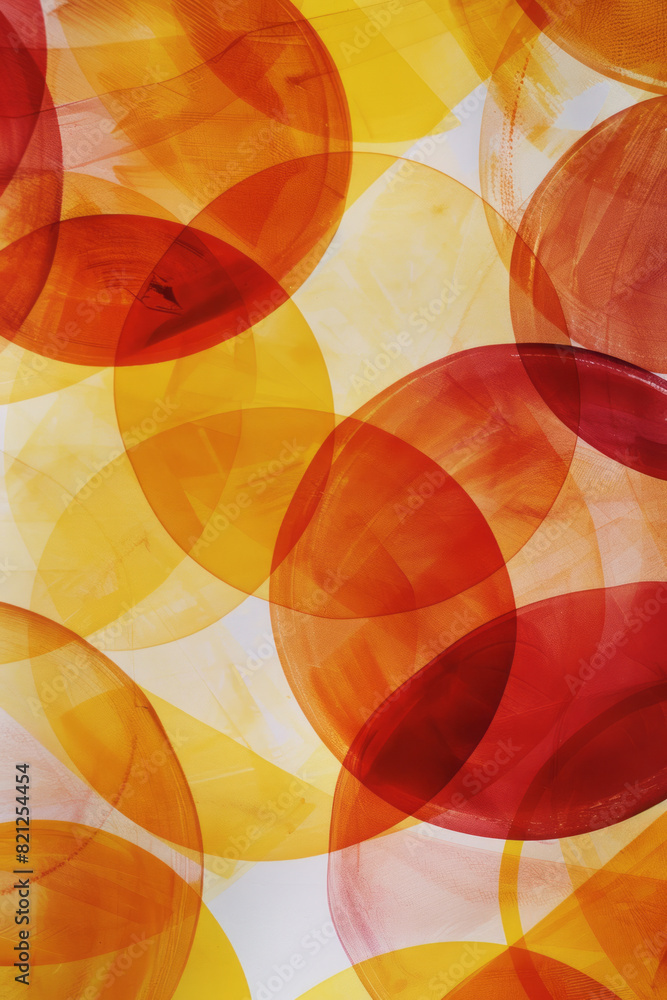 Poster composition with circles in warm colors (reds, oranges, yellows), overlapping on a white background 