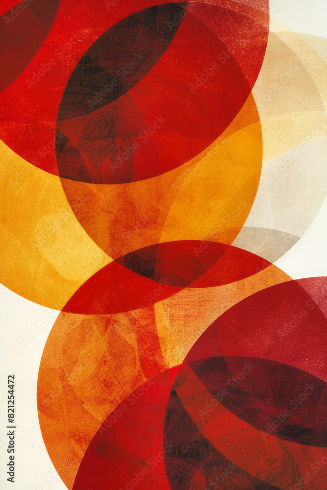 Poster composition with circles in warm colors (reds, oranges, yellows), overlapping on a white background 