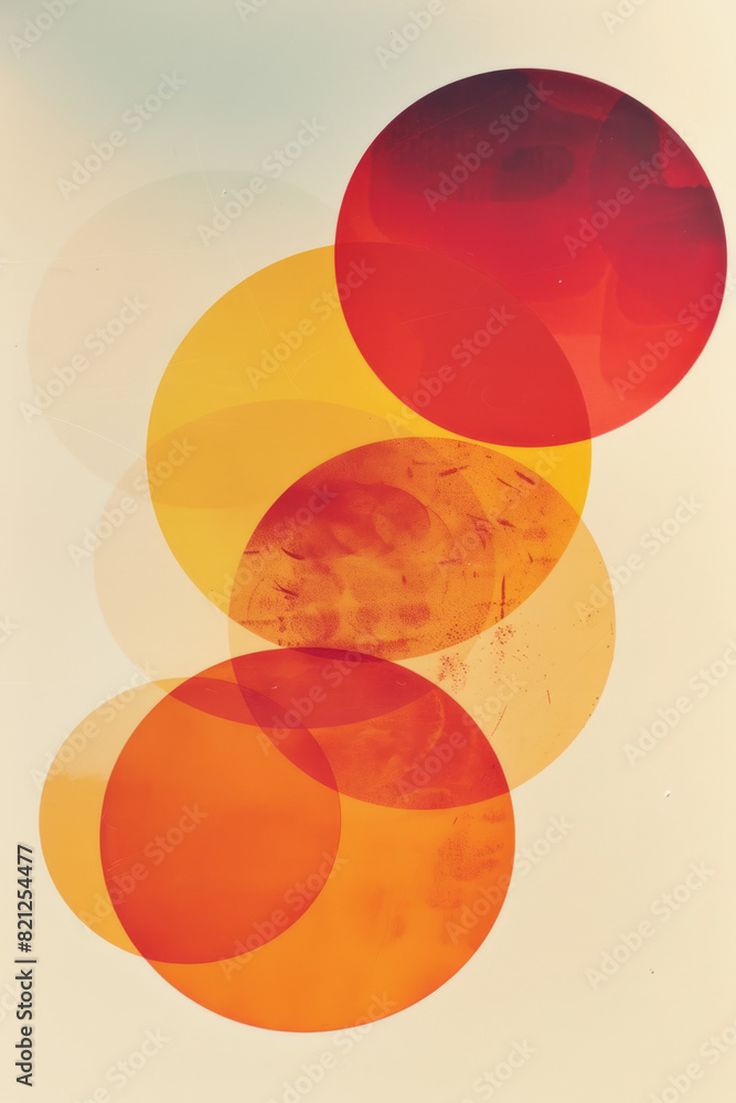Poster composition with circles in warm colors (reds, oranges, yellows), overlapping on a white background 