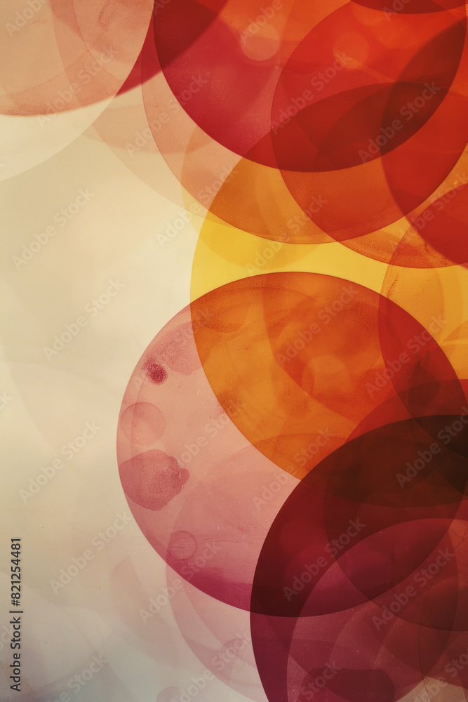 Poster composition with circles in warm colors (reds, oranges, yellows), overlapping on a white background 