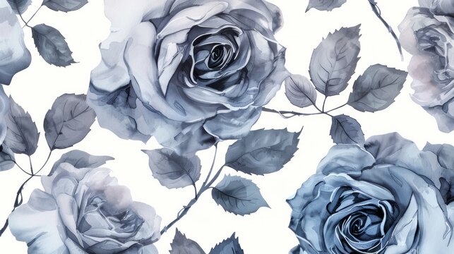 Silver roses watercolor clipart on white background, defined edges floral flower pattern background with copy space for design text or photo backdrop minimalistic.