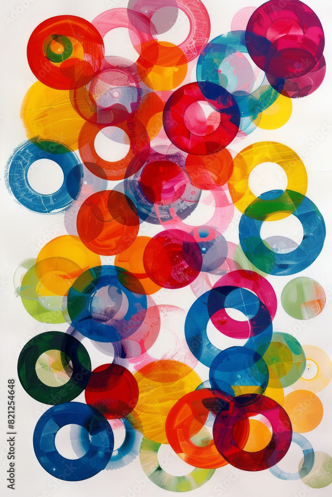 Poster artistic depiction of circles in various bright colors, forming a concentric pattern on a white back