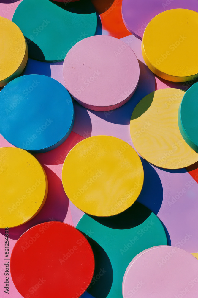 Poster Composition with large circles in bold colors, placed randomly on a pastel background to create a playful look,