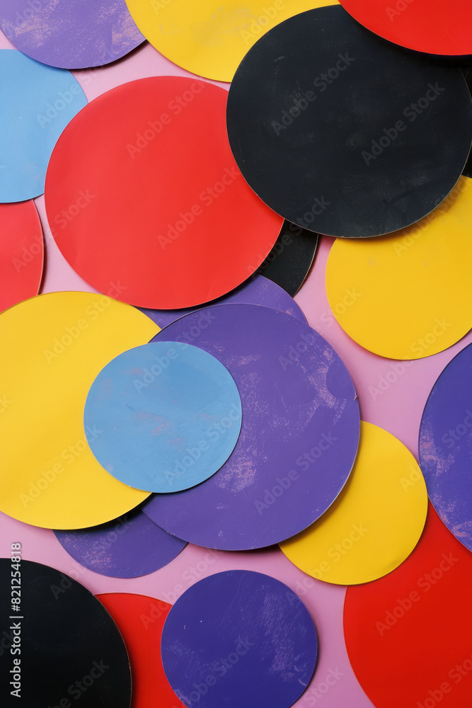 Poster Composition with large circles in bold colors, placed randomly on a pastel background to create a playful look,