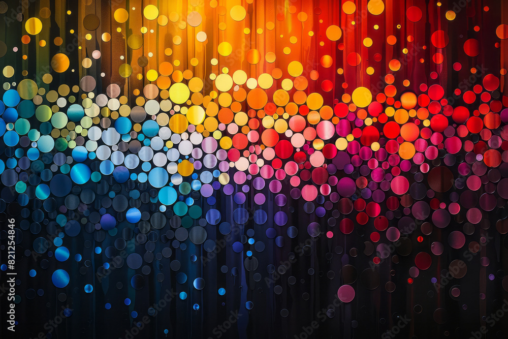 Aufkleber Illustration featuring tiny circles in a spectrum of colors, forming a starburst pattern on a black background,