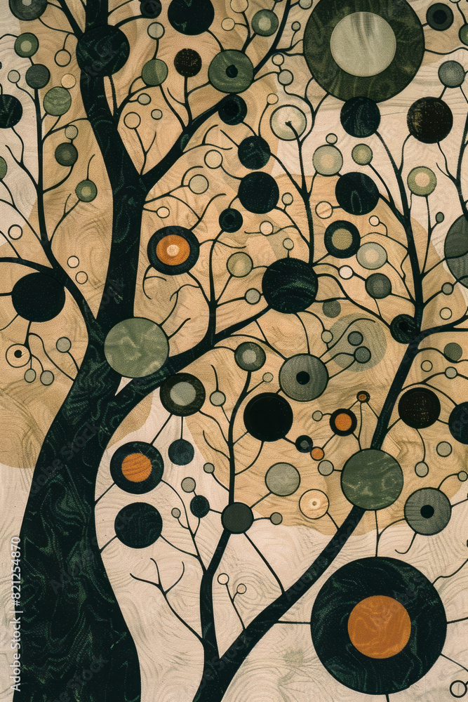 Aufkleber abstract design with circles in earthy greens and browns, forming a tree-like pattern on a light bro