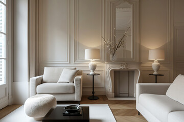Home, contemporary minimalist living room interior with sofa and armchair.