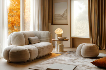 Modern bright living room with beige furniture