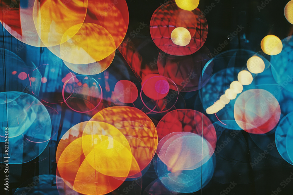 Poster Composition with large, bright circles overlapping on a dark background, creating a vibrant and dynamic visual,