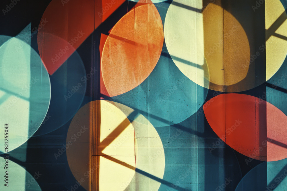 Poster Composition with large, bright circles overlapping on a dark background, creating a vibrant and dynamic visual,