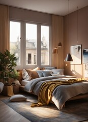 Chambre contemporaine et chaleureuse avec une grande fenêtre et des accents naturels
