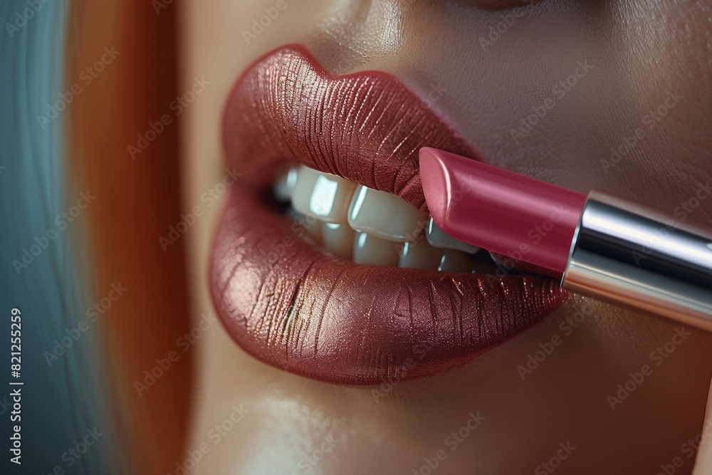 Canvas Prints A woman is applying lipstick with a red lip color