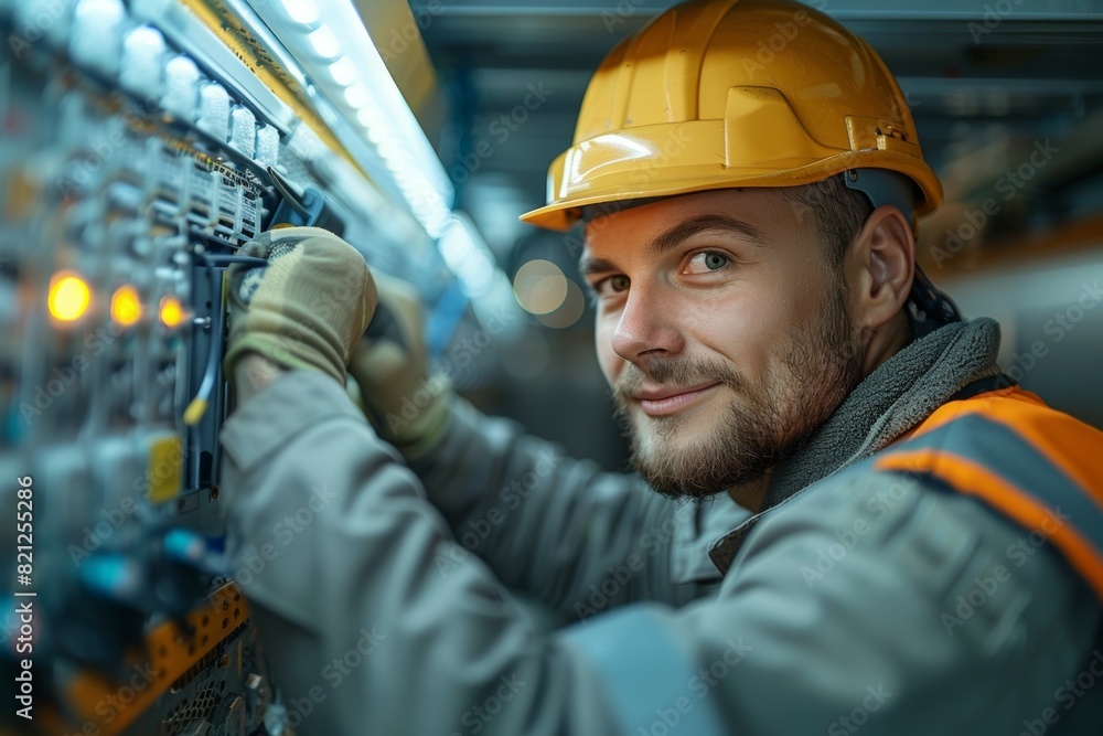 Poster a man in a yellow hard hat is smiling while working on a machine