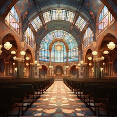 cathedral interior, beautiful stained glass windows, colorful lights from stained glass windows, athmotheric