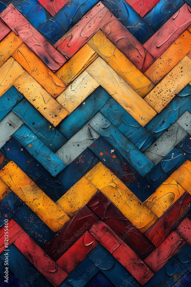 Poster Illustration featuring bold, colorful zigzag lines arranged in parallel rows, creating a vibrant and dynamic pattern,