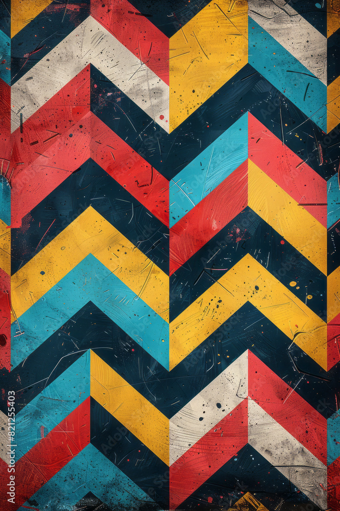 Poster Illustration featuring bold, colorful zigzag lines arranged in parallel rows, creating a vibrant and dynamic pattern,